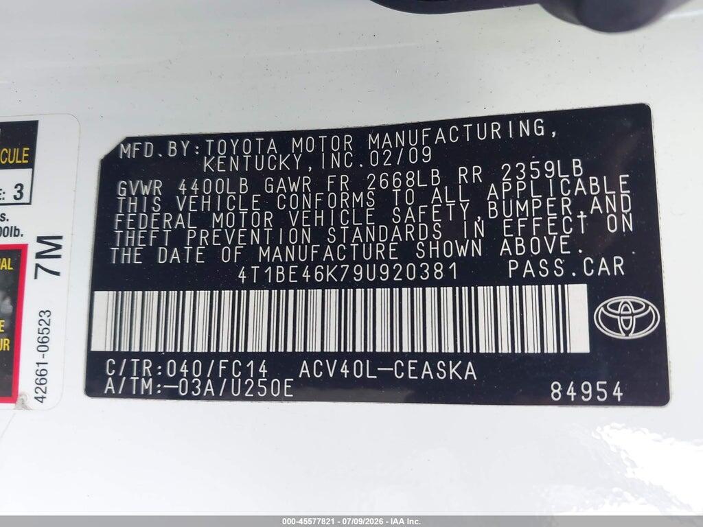 4T1BE46K79U920381 2009 TOYOTA CAMRY photo no. 9