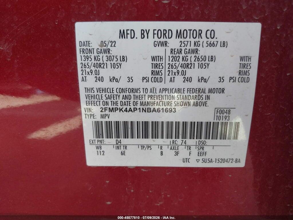 2FMPK4AP1NBA61693 2022 FORD EDGE photo no. 9