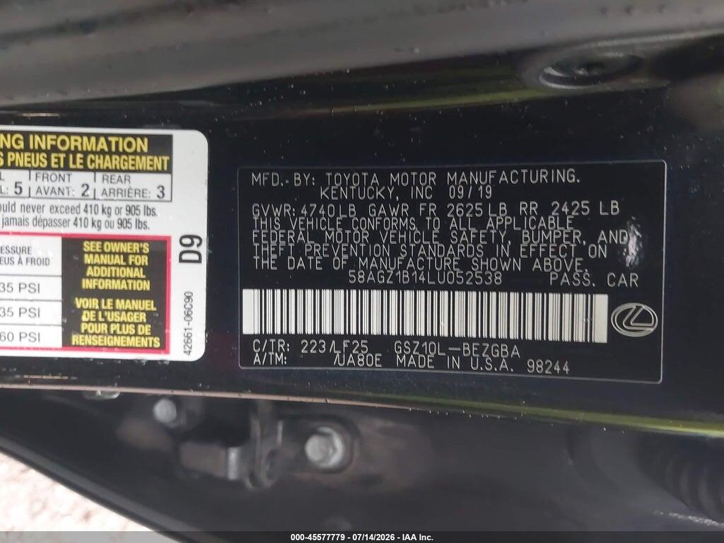 58AGZ1B14LU052538 2020 LEXUS ES 350 photo no. 9