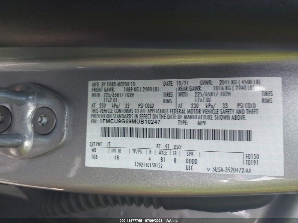 1FMCU9G69MUB10247 2021 FORD ESCAPE photo no. 9