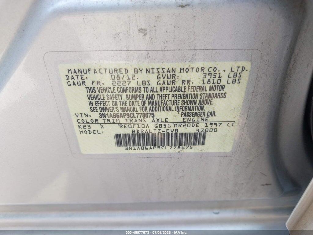 3N1AB6AP9CL778675 2012 NISSAN SENTRA photo no. 9