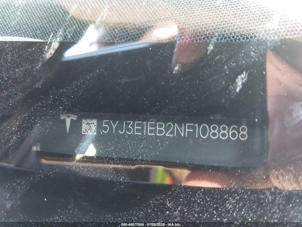 5YJ3E1EB2NF108868 2022 TESLA MODEL 3 photo no. 9