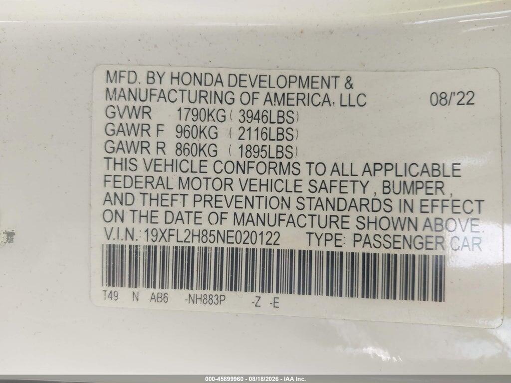 19XFL2H85NE020122 2022 HONDA CIVIC photo no. 9