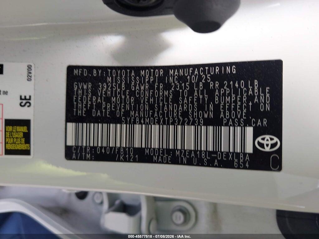 5YFB4MDEXTP372739 2026 TOYOTA COROLLA photo no. 9