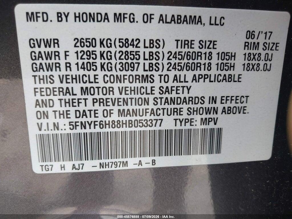 5FNYF6H88HB053377 2017 HONDA PILOT photo no. 9