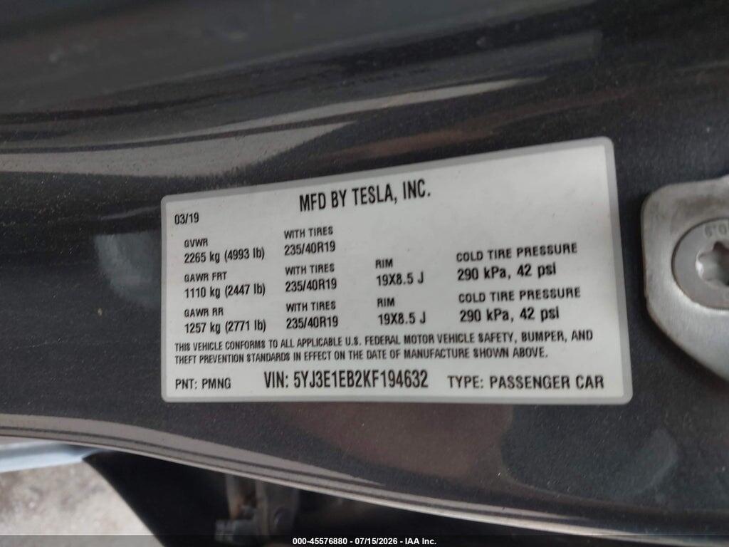 5YJ3E1EB2KF194632 2019 TESLA MODEL 3 photo no. 9