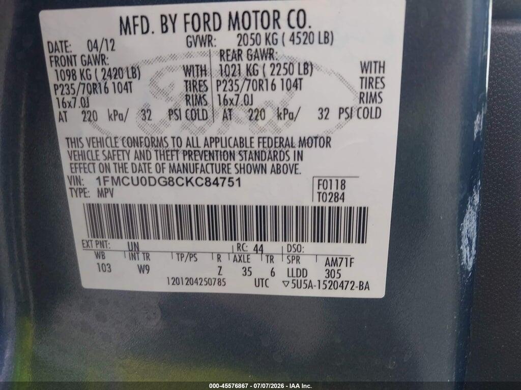 1FMCU0DG8CKC84751 2012 FORD ESCAPE photo no. 9