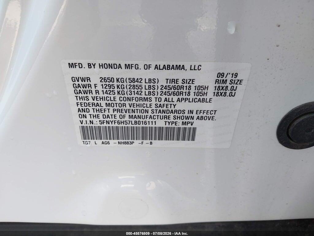 5FNYF6H57LB016111 2020 HONDA PILOT photo no. 9