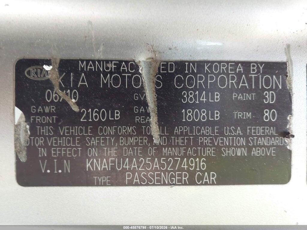 KNAFU4A25A5274916 2010 KIA FORTE photo no. 9