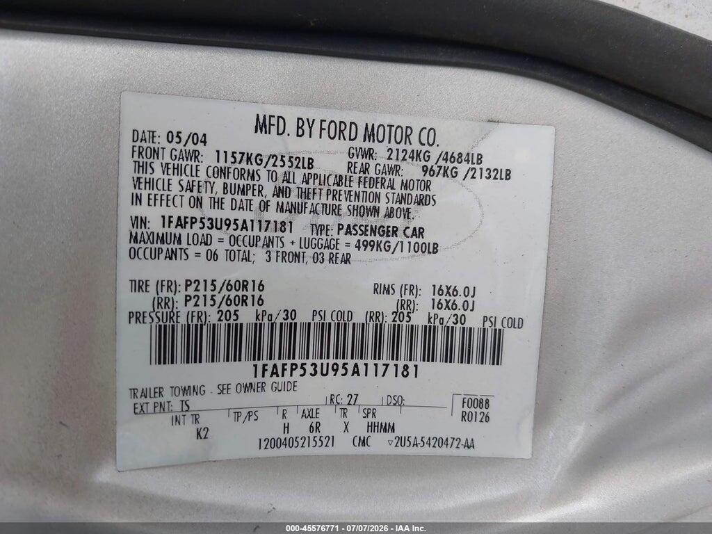 1FAFP53U95A117181 2005 FORD TAURUS photo no. 9