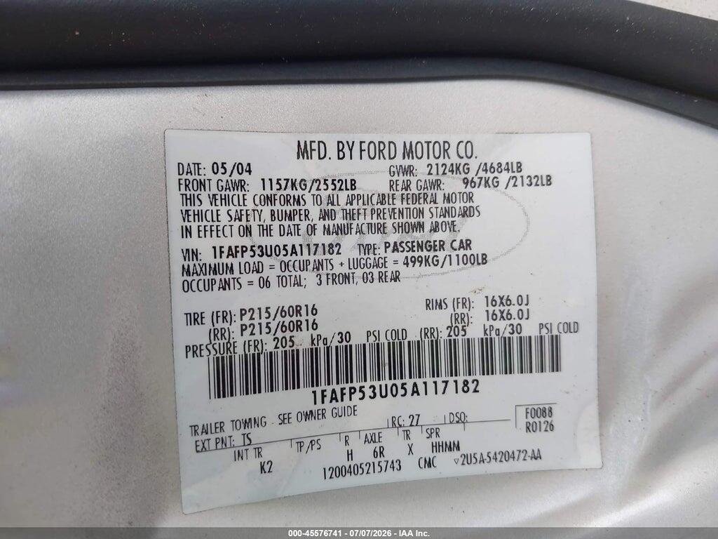 1FAFP53U05A117182 2005 FORD TAURUS photo no. 9