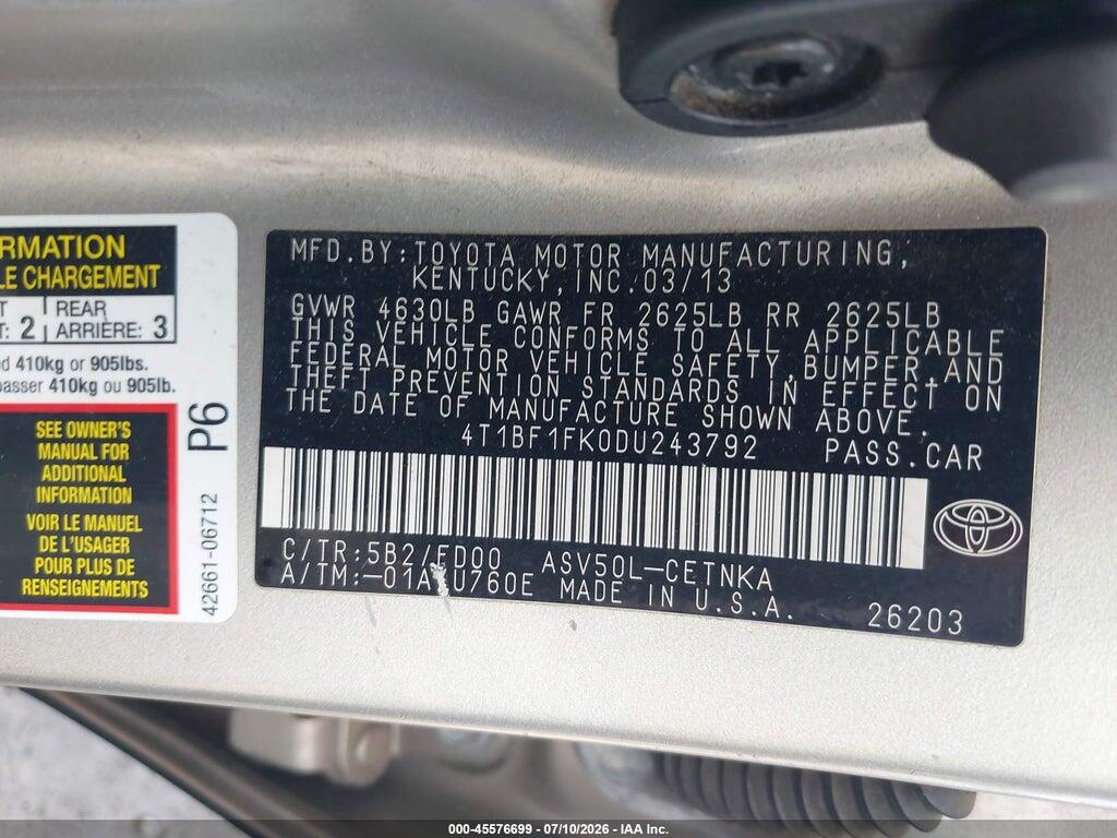 4T1BF1FK0DU243792 2013 TOYOTA CAMRY photo no. 9