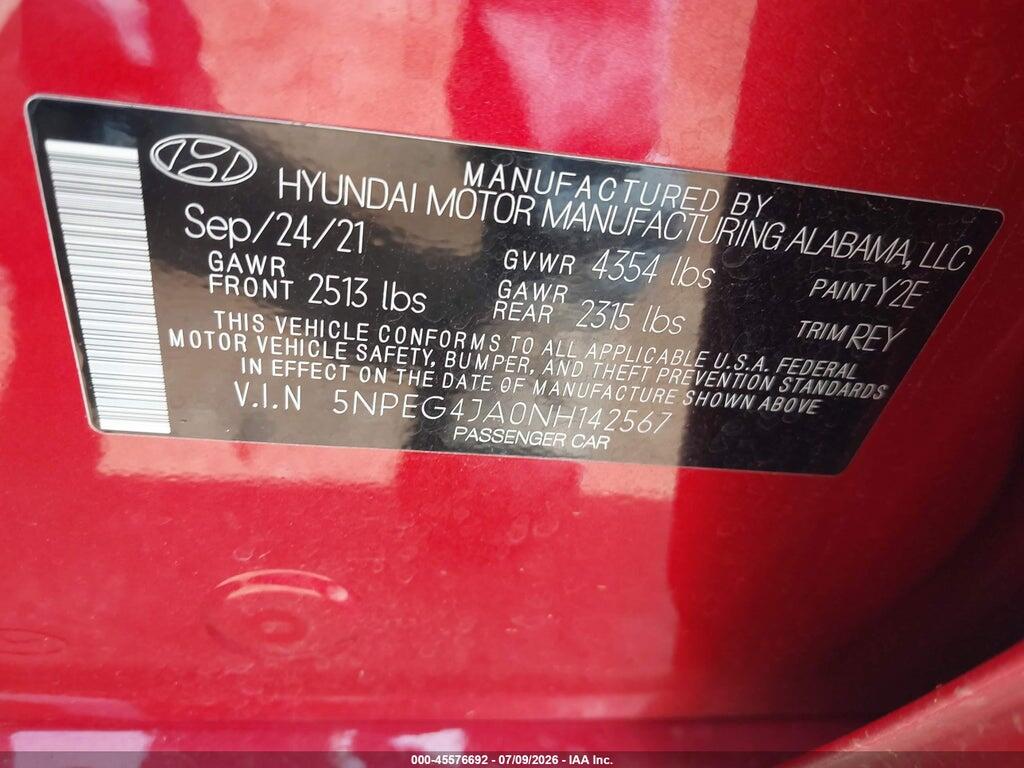 5NPEG4JA0NH142567 2022 HYUNDAI SONATA photo no. 9