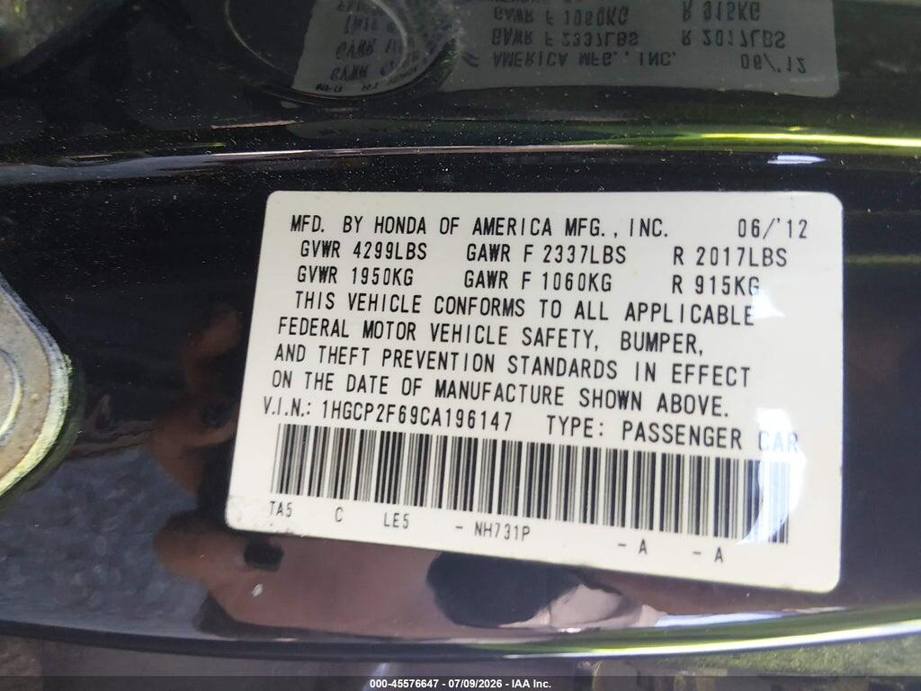 1HGCP2F69CA196147 2012 HONDA ACCORD photo no. 9