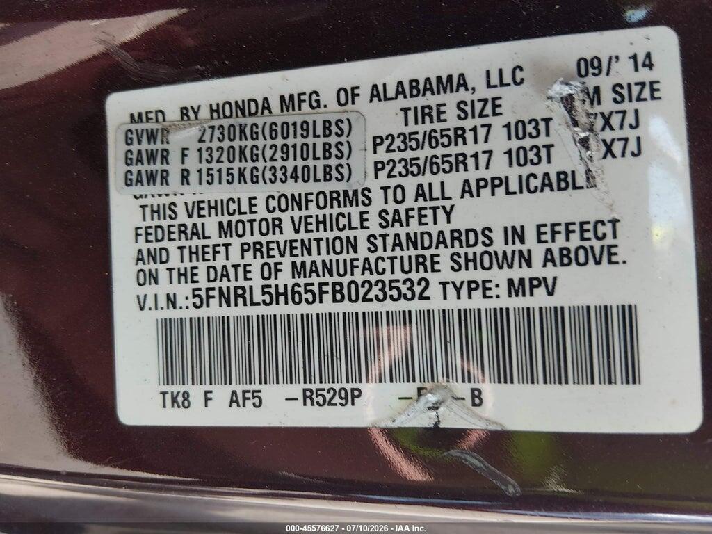 5FNRL5H65FB023532 2015 HONDA ODYSSEY photo no. 9