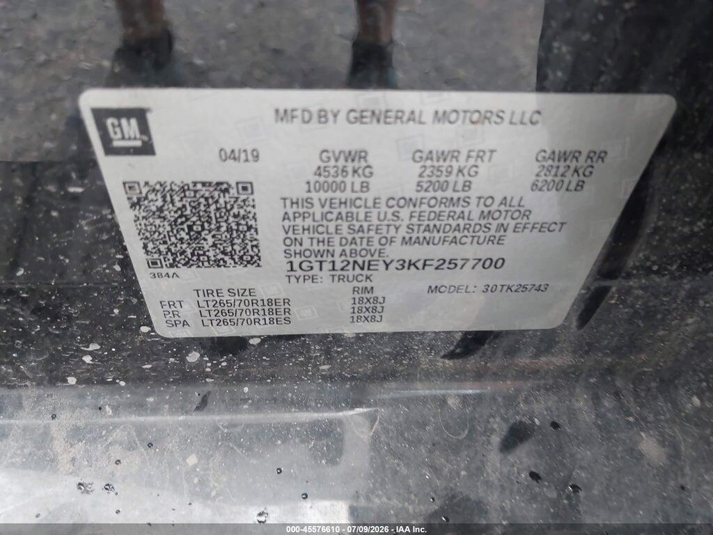 1GT12NEY3KF257700 2019 GMC SIERRA 2500HD photo no. 9