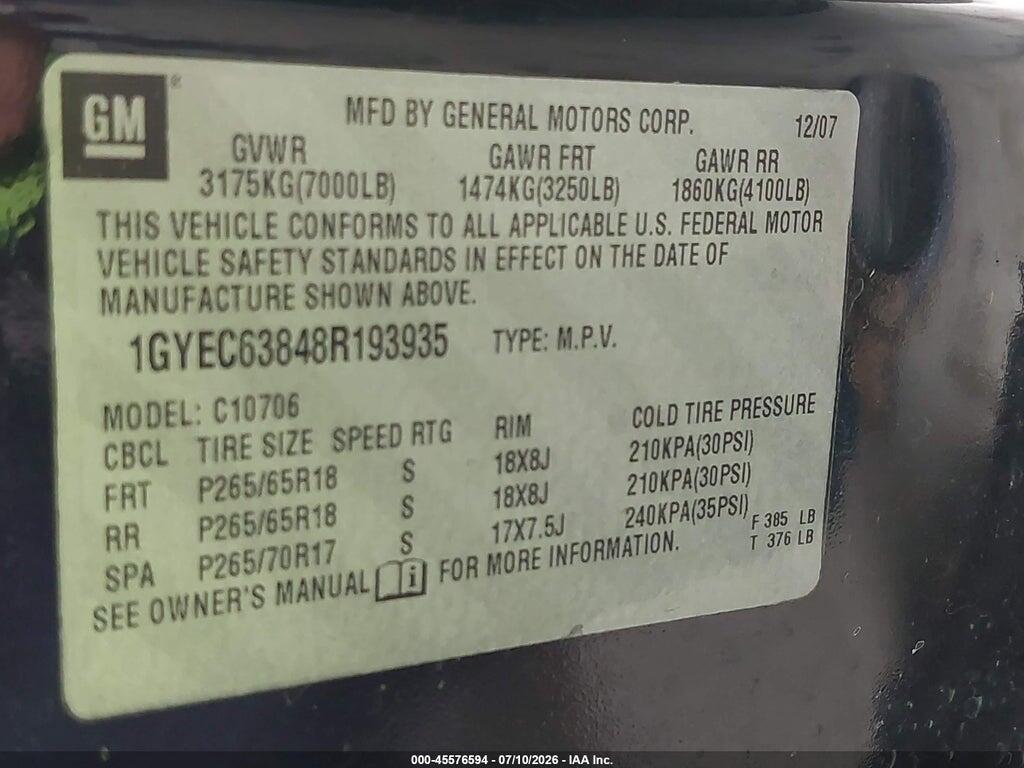 1GYEC63848R193935 2008 CADILLAC ESCALADE photo no. 9