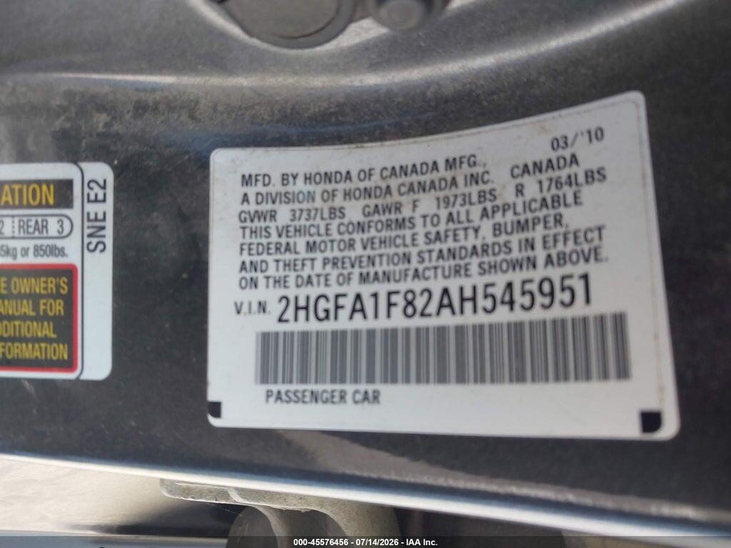 2HGFA1F82AH545951 2010 HONDA CIVIC photo no. 9