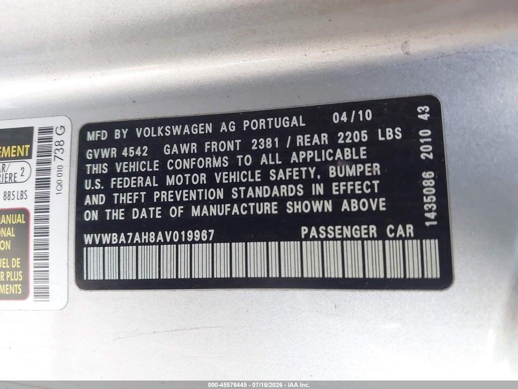 WVWBA7AH8AV019967 2010 VOLKSWAGEN EOS photo no. 9