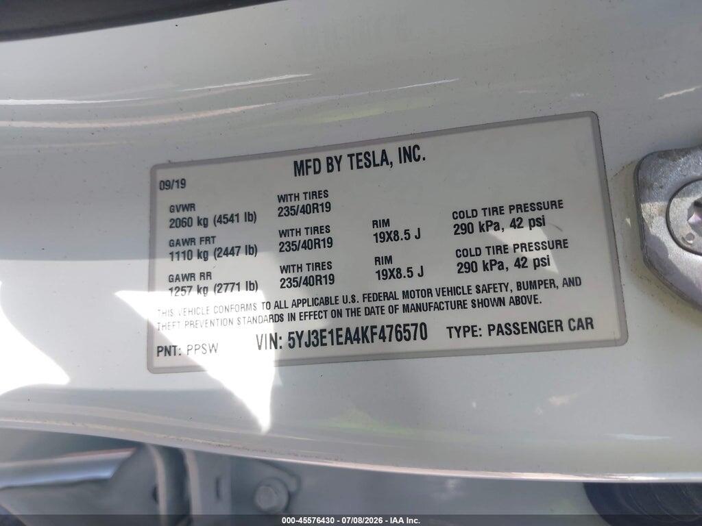5YJ3E1EA4KF476570 2019 TESLA MODEL 3 photo no. 9