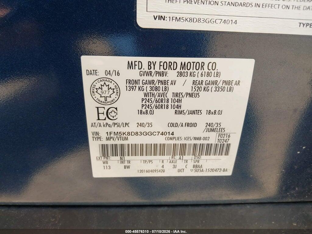 1FM5K8D83GGC74014 2016 FORD EXPLORER photo no. 9