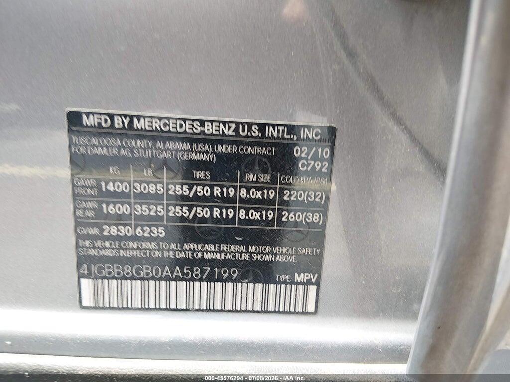 4JGBB8GB0AA587199 2010 MERCEDES-BENZ ML 350 photo no. 9
