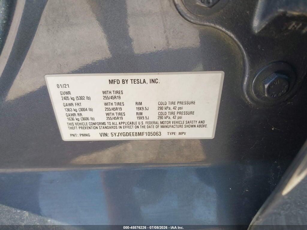 5YJYGDEE8MF105063 2021 TESLA MODEL Y photo no. 9