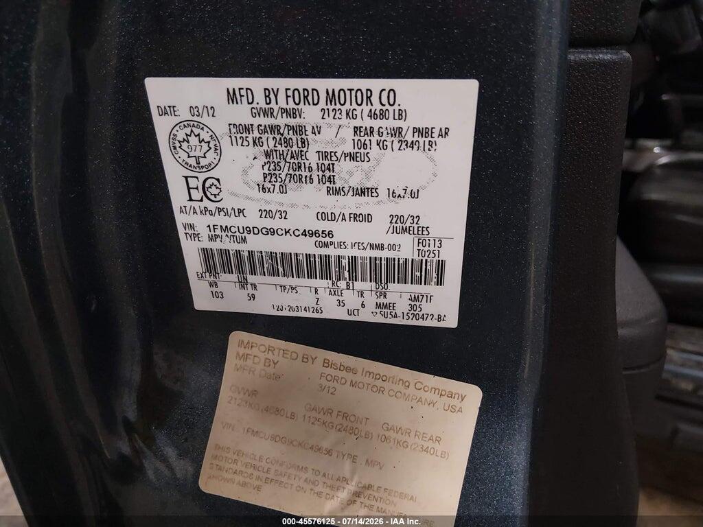 1FMCU9DG9CKC49656 2012 FORD ESCAPE photo no. 9