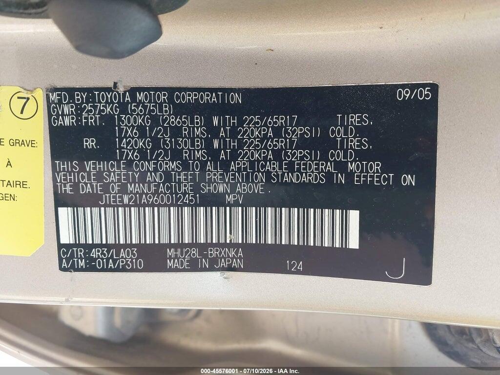 JTEEW21A960012451 2006 TOYOTA HIGHLANDER HYBRID photo no. 9