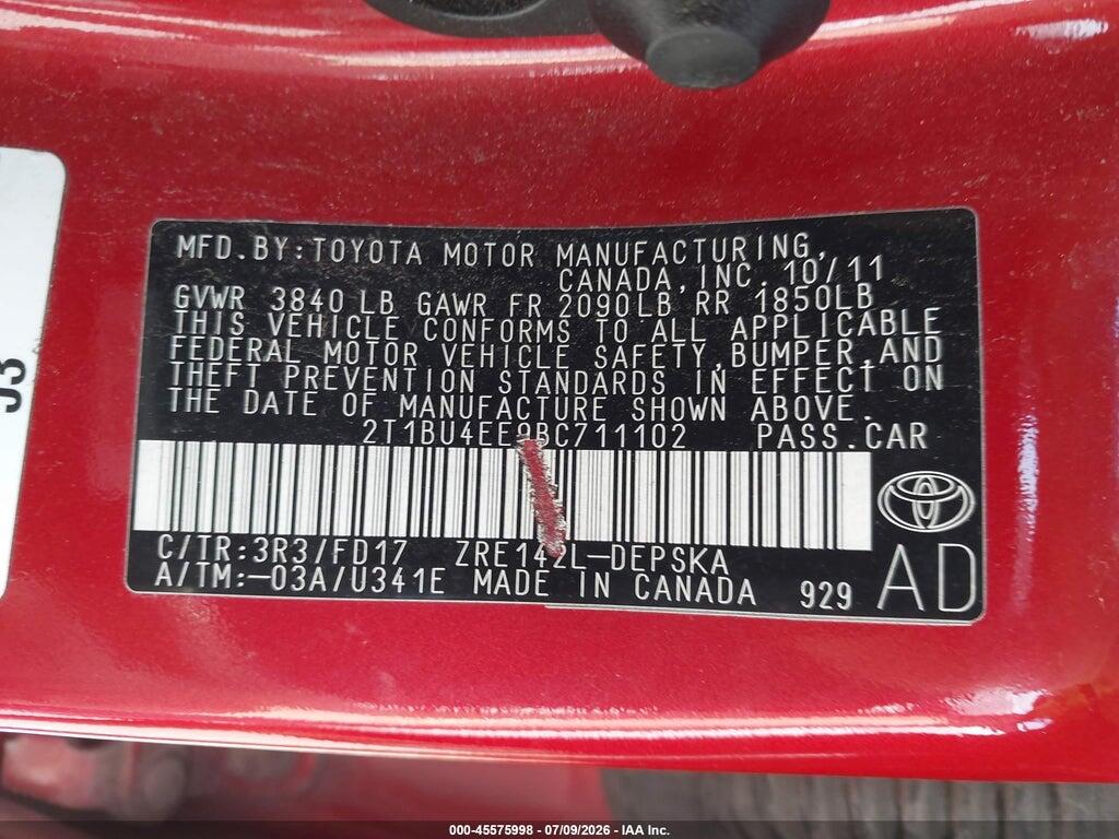 2T1BU4EE9BC711102 2011 TOYOTA COROLLA photo no. 9