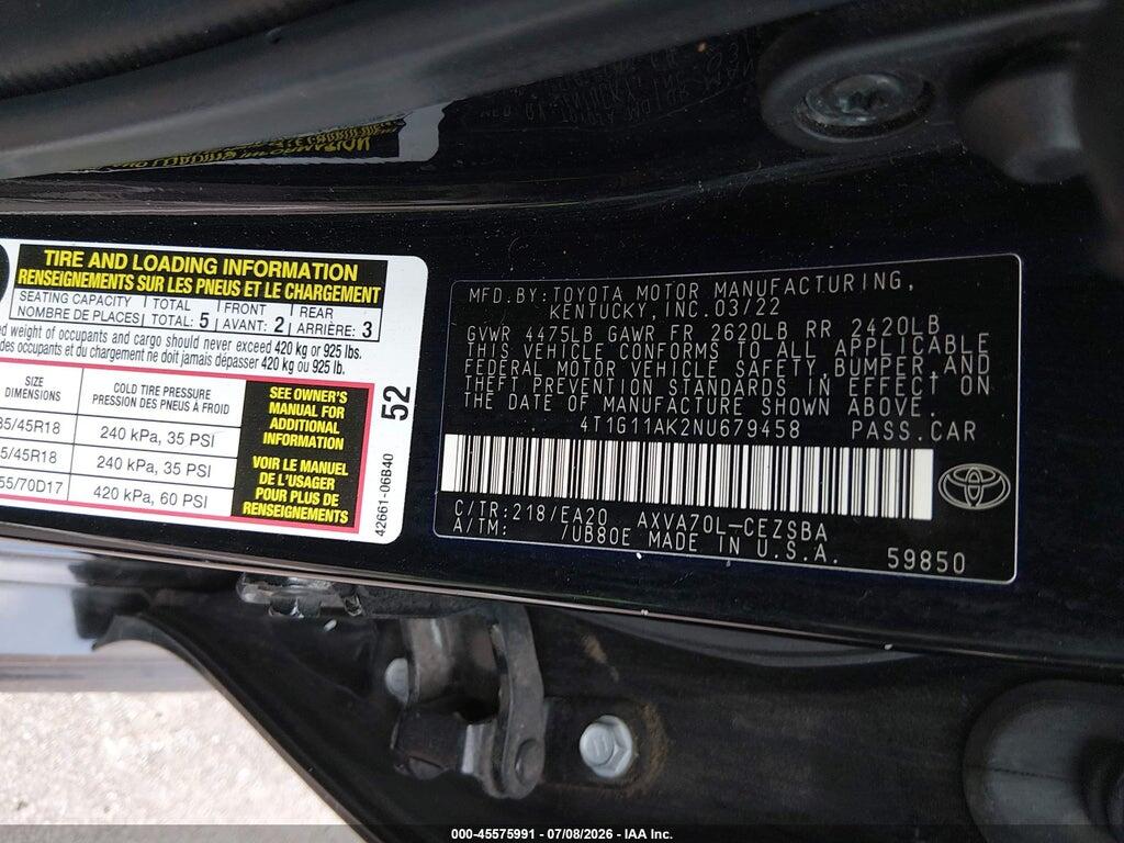 4T1G11AK2NU679458 2022 TOYOTA CAMRY photo no. 9
