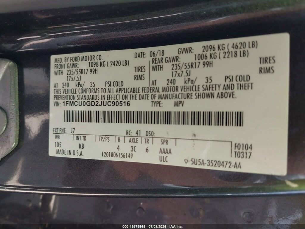 1FMCU0GD2JUC90516 2018 FORD ESCAPE photo no. 9