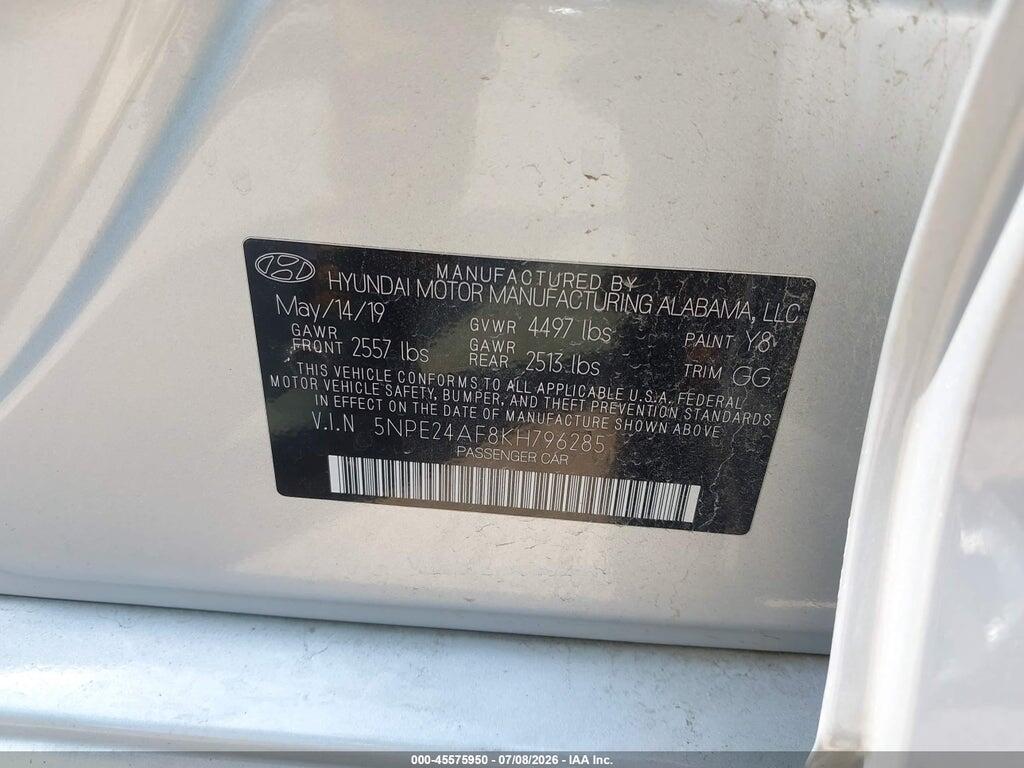 5NPE24AF8KH796285 2019 HYUNDAI SONATA photo no. 9