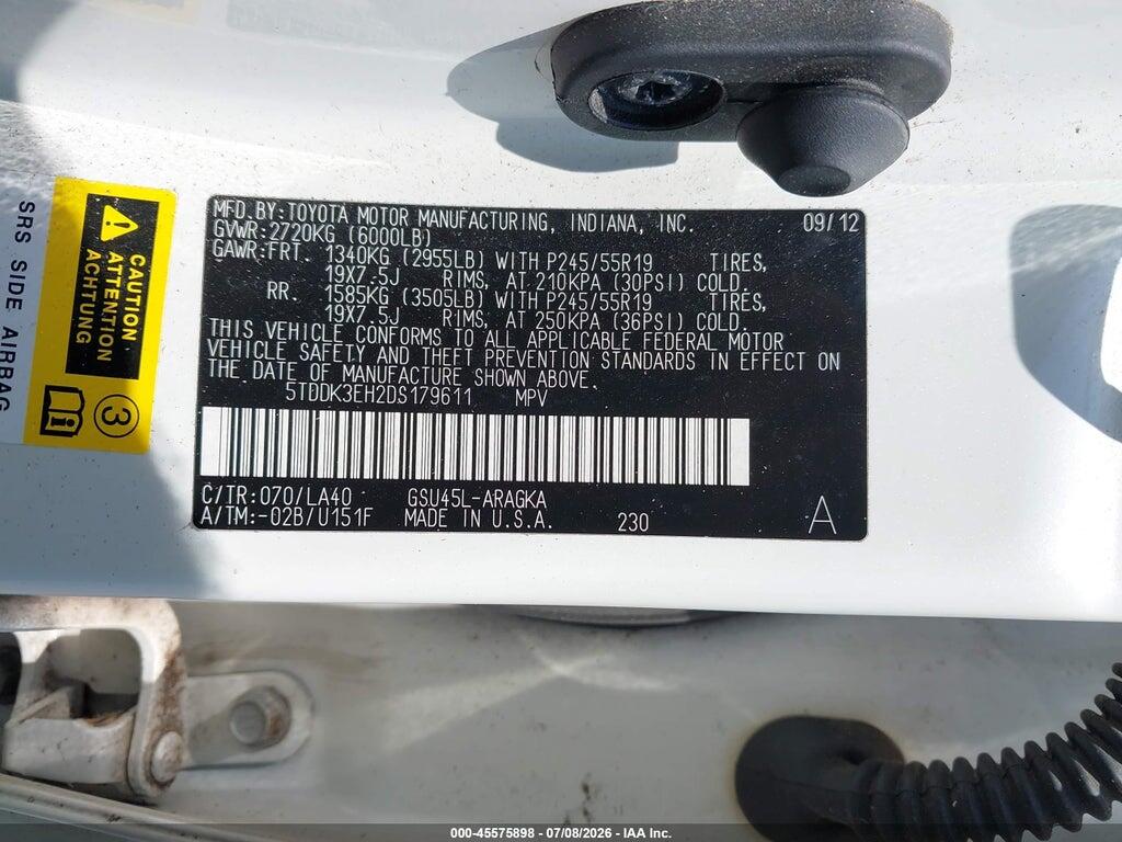 5TDDK3EH2DS179611 2013 TOYOTA HIGHLANDER photo no. 9