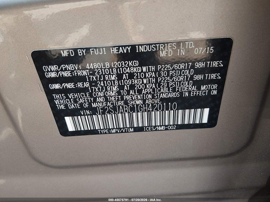 JF2SJABC1GH420110 2016 SUBARU FORESTER photo no. 9
