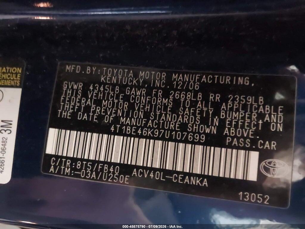 4T1BE46K97U107699 2007 TOYOTA CAMRY photo no. 9