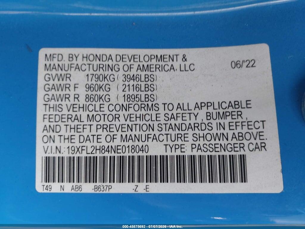 19XFL2H84NE018040 2022 HONDA CIVIC photo no. 9