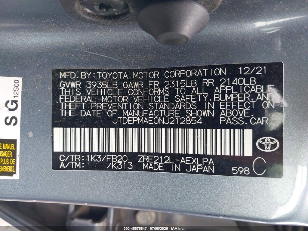 JTDEPMAE0NJ212854 2022 TOYOTA COROLLA photo no. 9