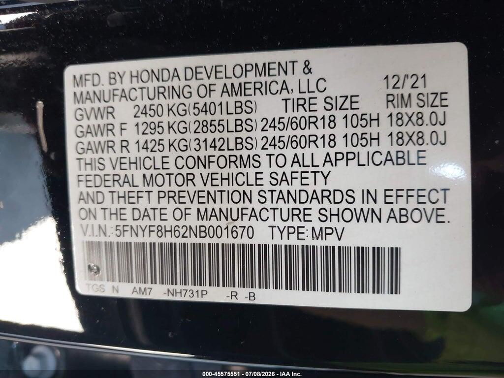 5FNYF8H62NB001670 2022 HONDA PASSPORT photo no. 9