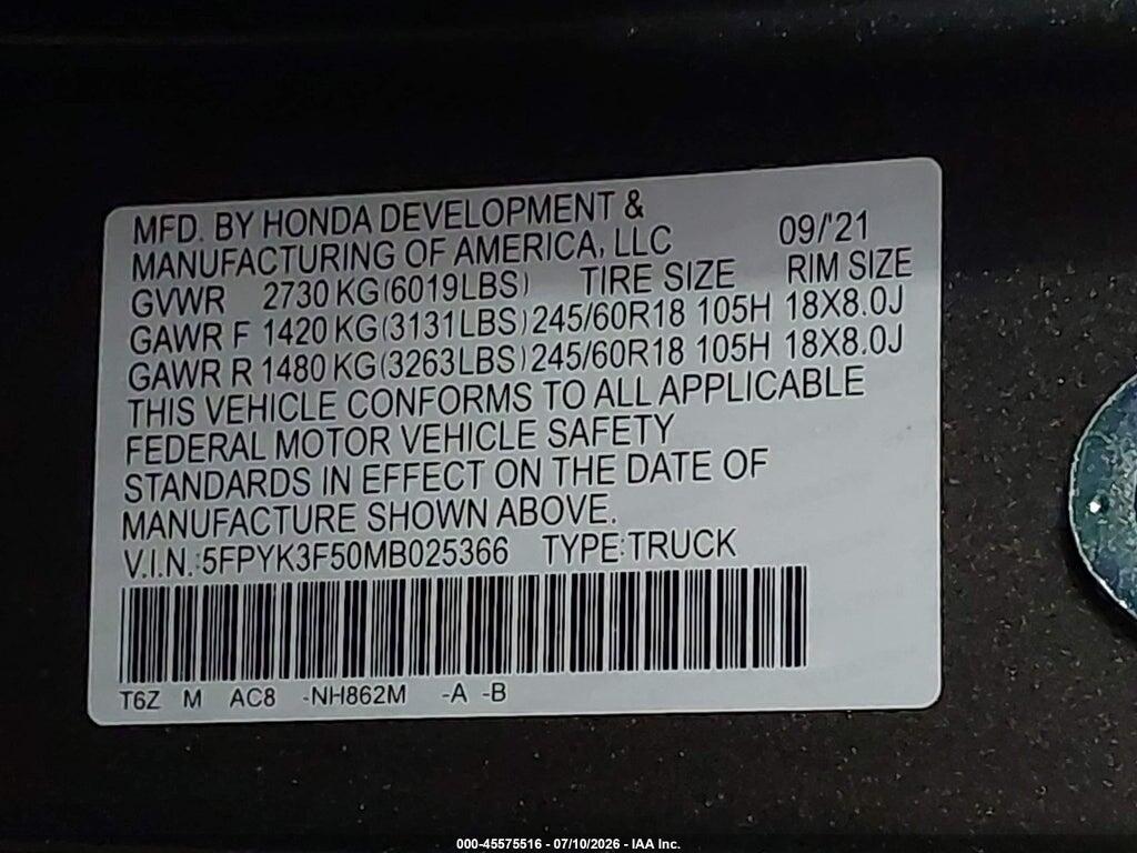 5FPYK3F50MB025366 2021 HONDA RIDGELINE photo no. 9