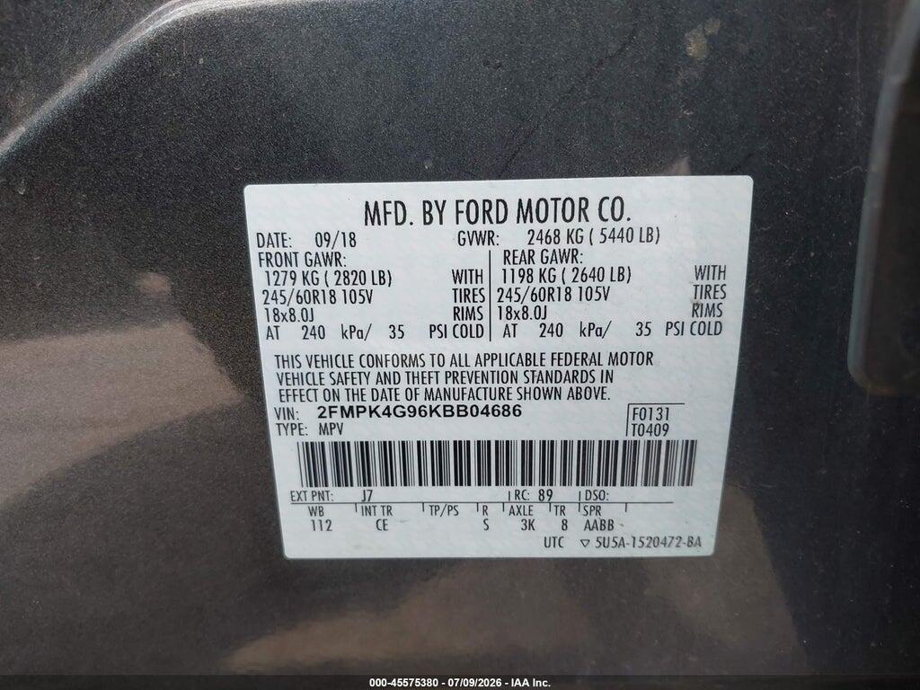 2FMPK4G96KBB04686 2019 FORD EDGE photo no. 9