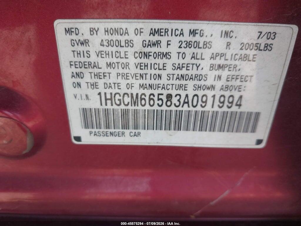 1HGCM66583A091994 2003 HONDA ACCORD SDN photo no. 9