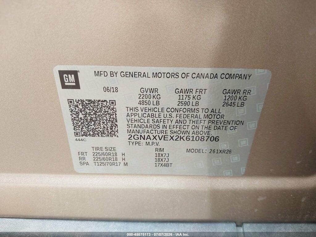 2GNAXVEX2K6108706 2019 CHEVROLET EQUINOX photo no. 9
