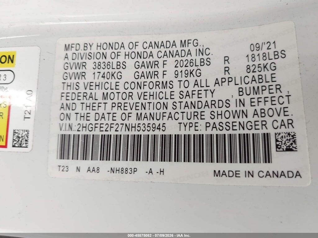 2HGFE2F27NH535945 2022 HONDA CIVIC photo no. 9