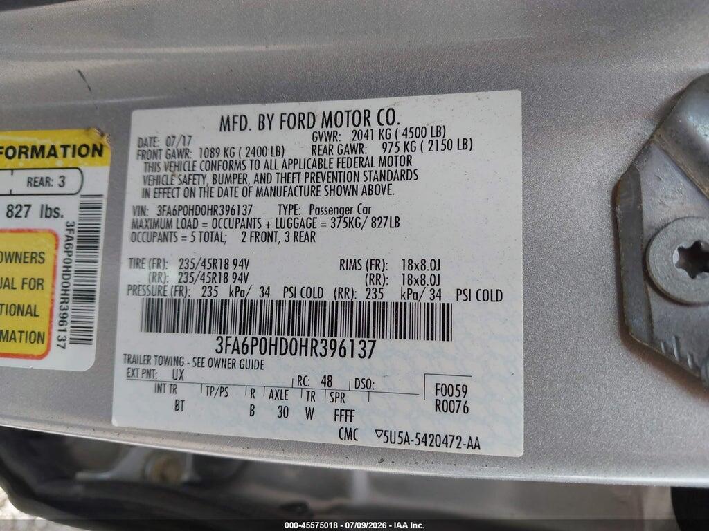 3FA6P0HD0HR396137 2017 FORD FUSION photo no. 9