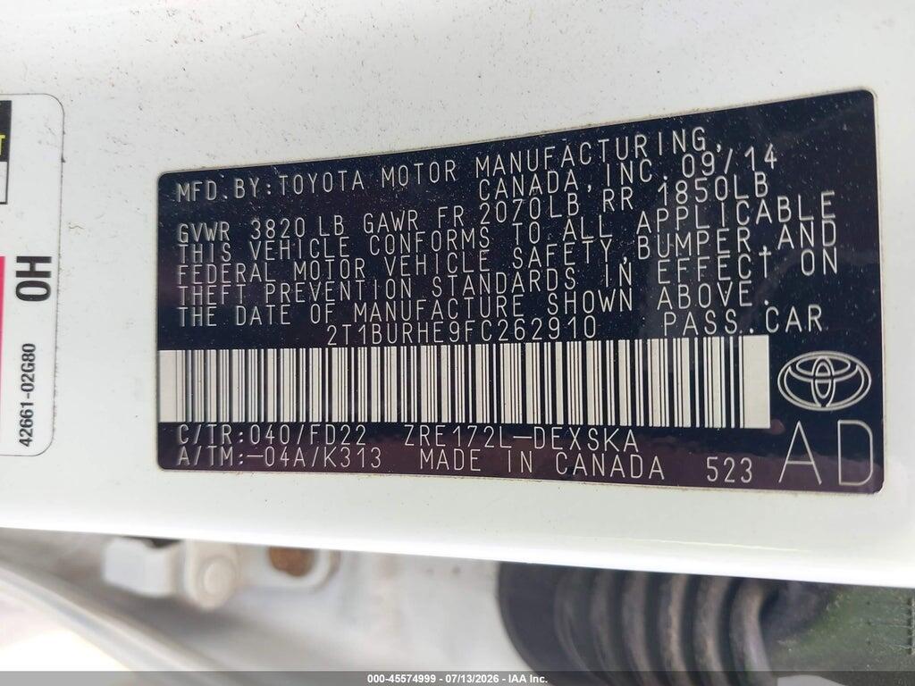2T1BURHE9FC262910 2015 TOYOTA COROLLA photo no. 9
