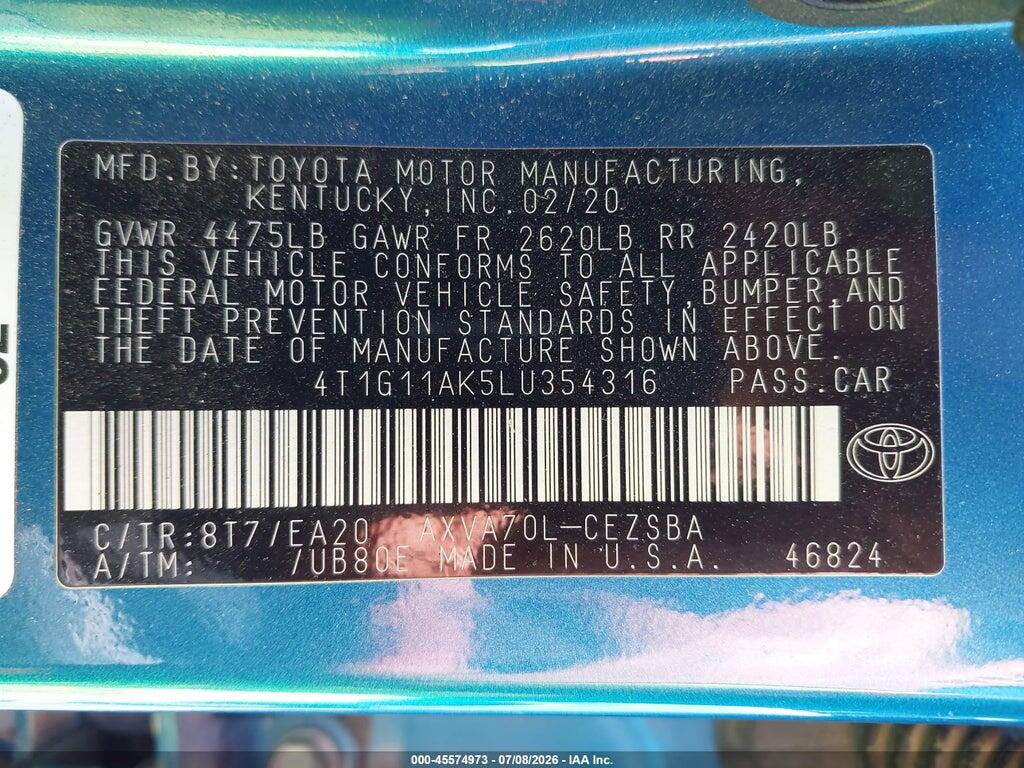 4T1G11AK5LU354316 2020 TOYOTA CAMRY photo no. 9