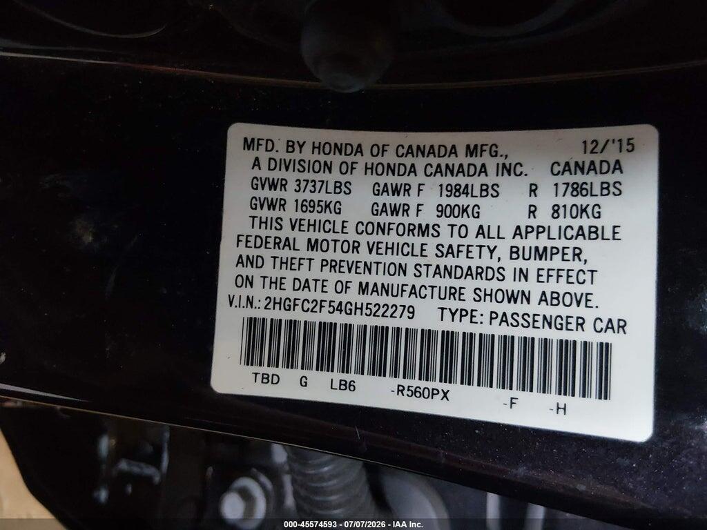 2HGFC2F54GH522279 2016 HONDA CIVIC photo no. 9