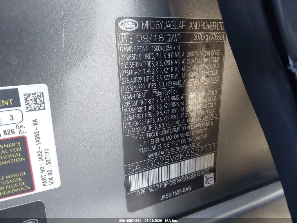 SALGS2SV8KA527111 2019 LAND ROVER RANGE ROVER photo no. 9