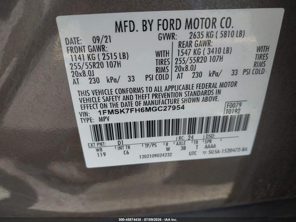 1FMSK7FH6MGC27954 2021 FORD EXPLORER photo no. 9